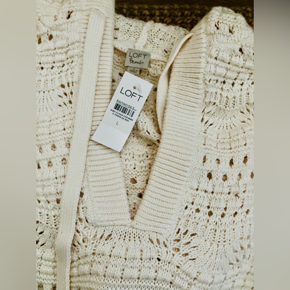 NWT LOFT Beach Pointelle Open Knit Pullover-Crochet Coverup-Whisper White-LG - Picture 4 of 10